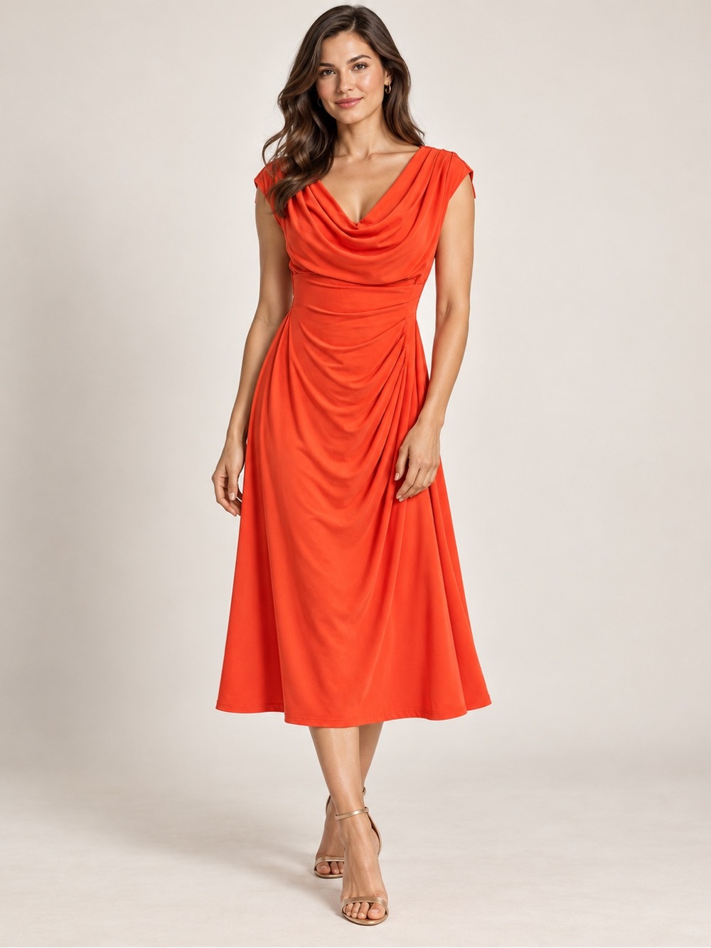 Lauren Ralph Lauren Coral Draped Cowl Neck Midi Dress Size 2